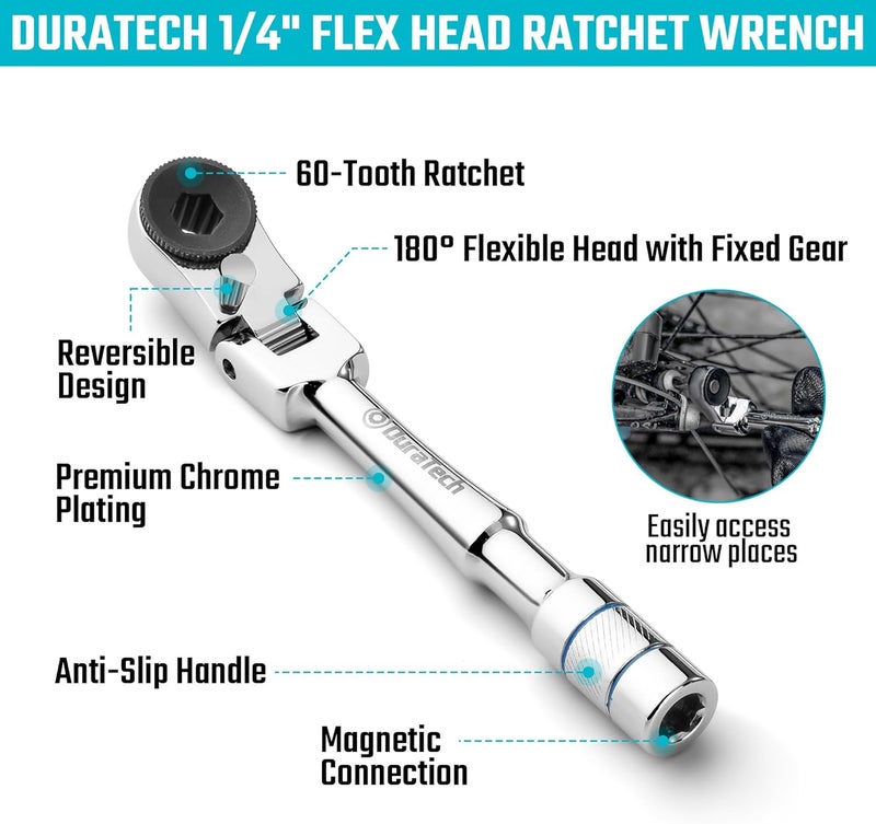 DURATECH 1/4" Flex Head T-Handle Ratchet, Mini Ratchet Wrench with Hex Bit Extension Set and Sokcet Adapter, Suits Standard 1/4" Hex Bits, Portable and Versatile Repair Tool for Tight Spaces - Image 3